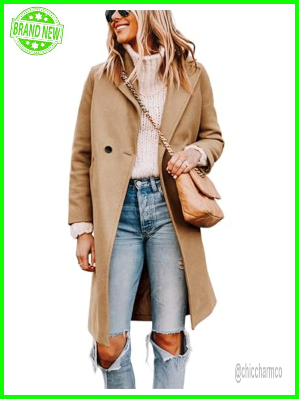 Wool Blend Pea Coat Long Sleeve Notch Collar Knee Length Winter Coat